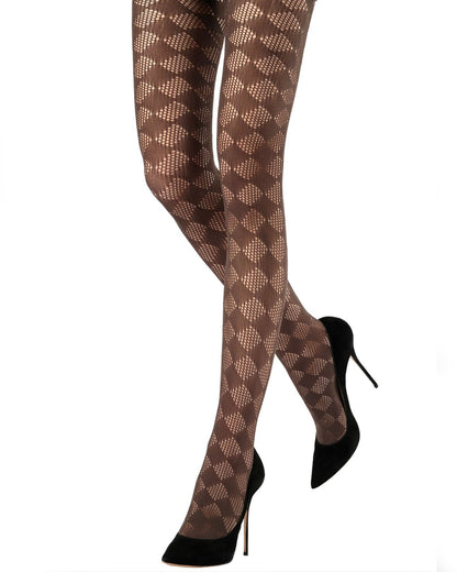 Brown fashion tights with a diamond pattern, shown on a model's legs paired with black high heels against a white background.