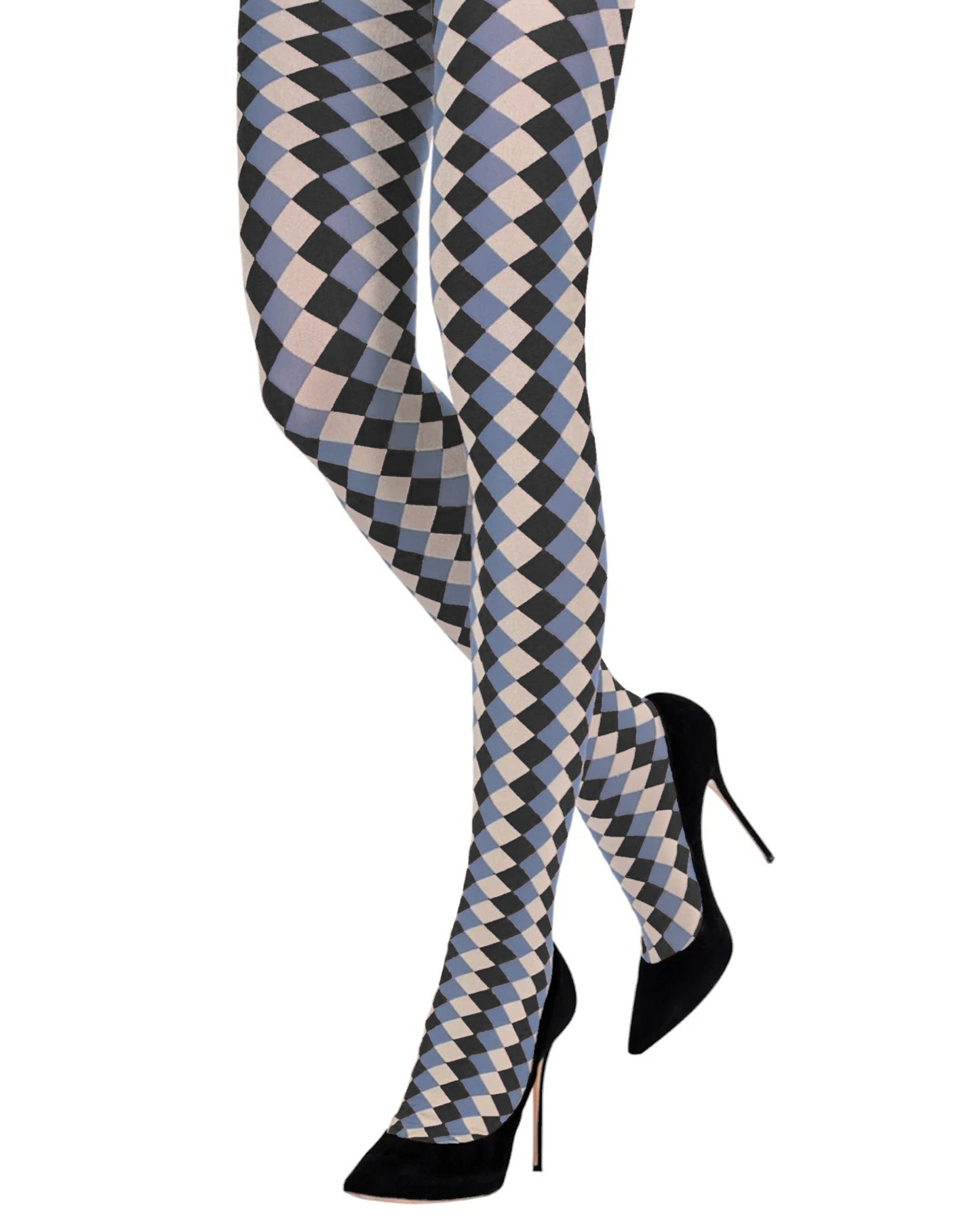 Emilio Cavallini Harlequin Tights - Opaque fashion tights with a vertical diamond pattern in denim blue, black and off white. Worn with black stilettos.