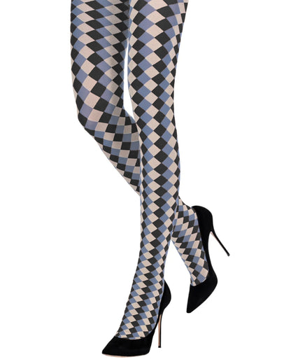 Emilio Cavallini Harlequin Tights - Opaque fashion tights with a vertical diamond pattern in denim blue, black and off white. Worn with black stilettos.