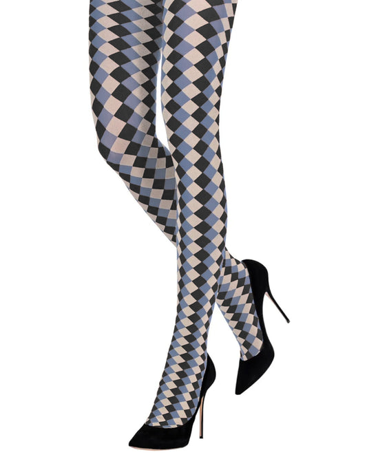 Emilio Cavallini Harlequin Tights - Opaque fashion tights with a vertical diamond pattern in denim blue, black and off white. Worn with black stilettos.