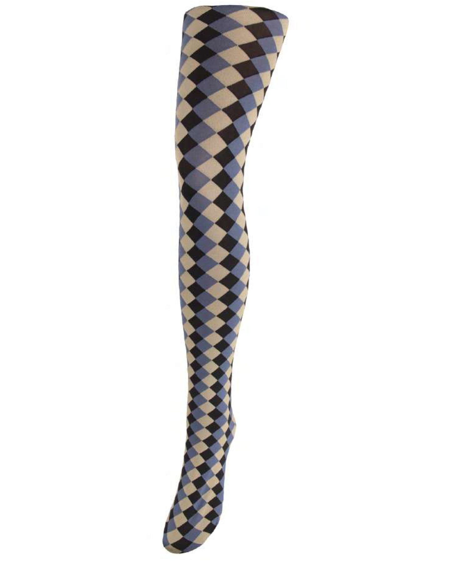 Checkered tights on a display leg with black, denim blue and cream pattern on a white background