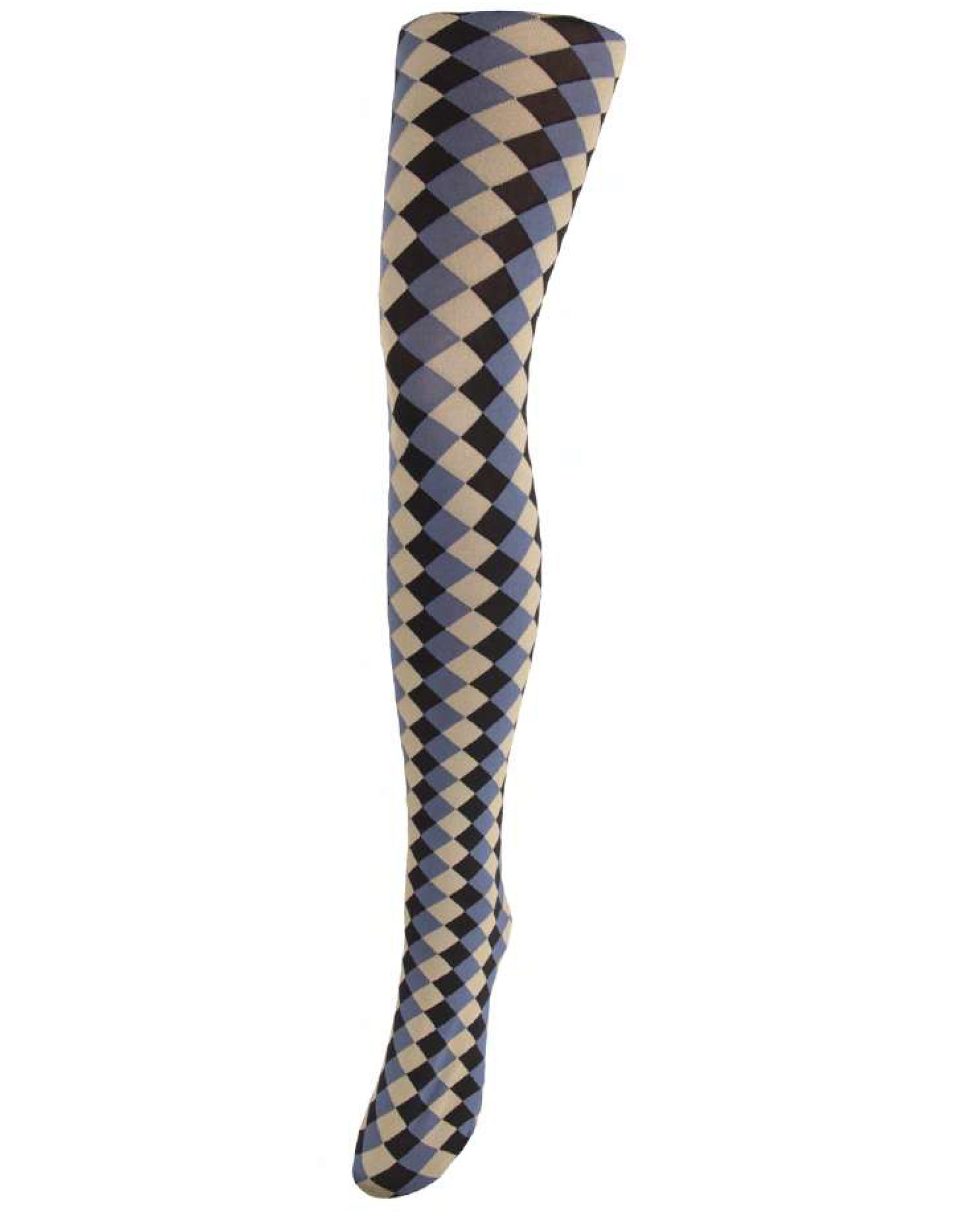 Checkered tights on a display leg with black, denim blue and cream pattern on a white background