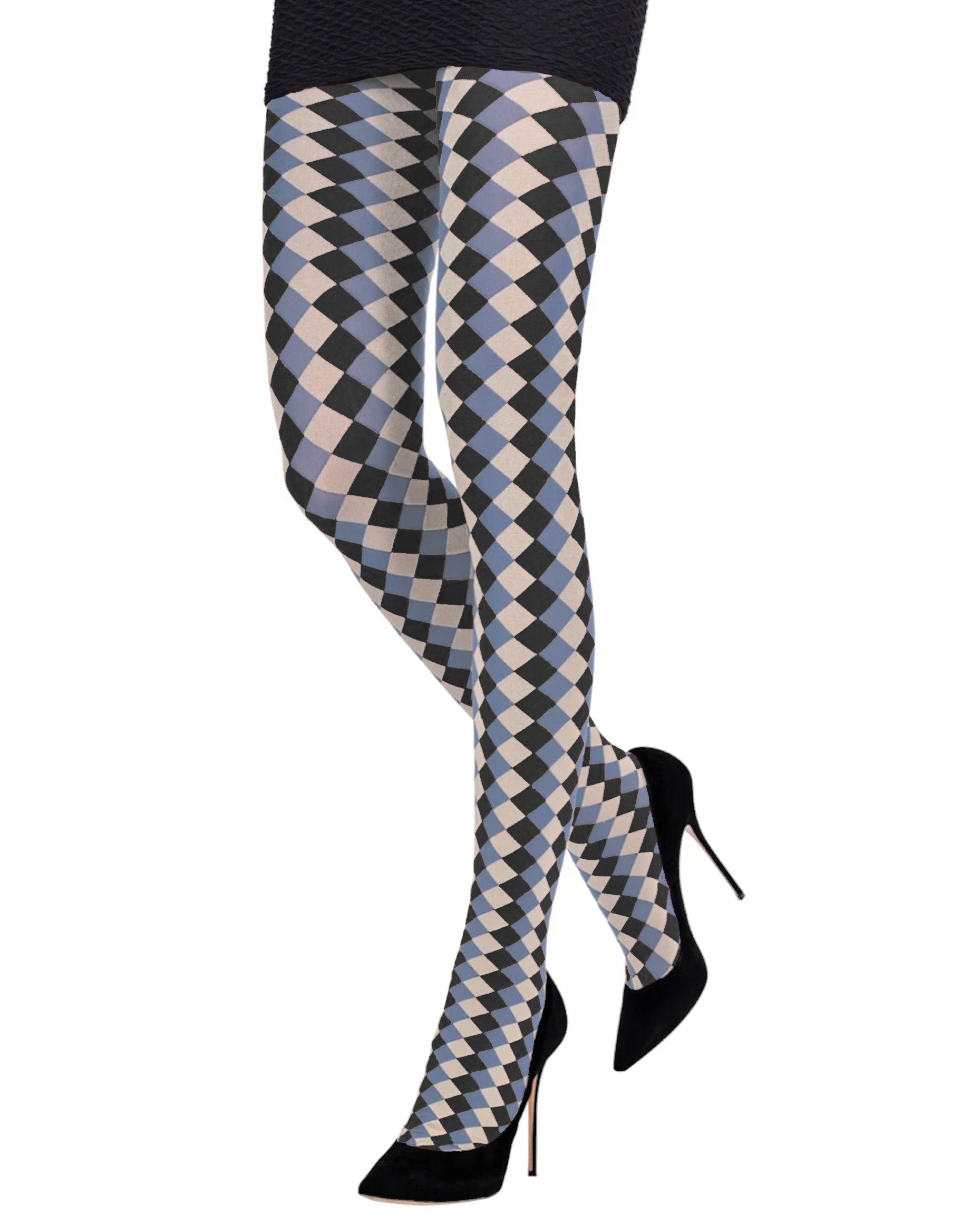 Emilio Cavallini Harlequin Tights - Opaque fashion tights with a vertical diamond pattern in denim blue, black and off white. Worn with black mini skirt and high heel stilettos.