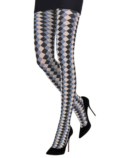 Emilio Cavallini Harlequin Tights - Opaque fashion tights with a vertical diamond pattern in denim blue, black and off white. Worn with black mini skirt and high heel stilettos.