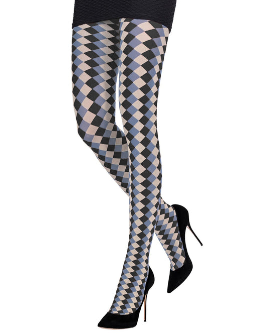 Emilio Cavallini Harlequin Tights - Opaque fashion tights with a vertical diamond pattern in denim blue, black and off white. Worn with black mini skirt and high heel stilettos.