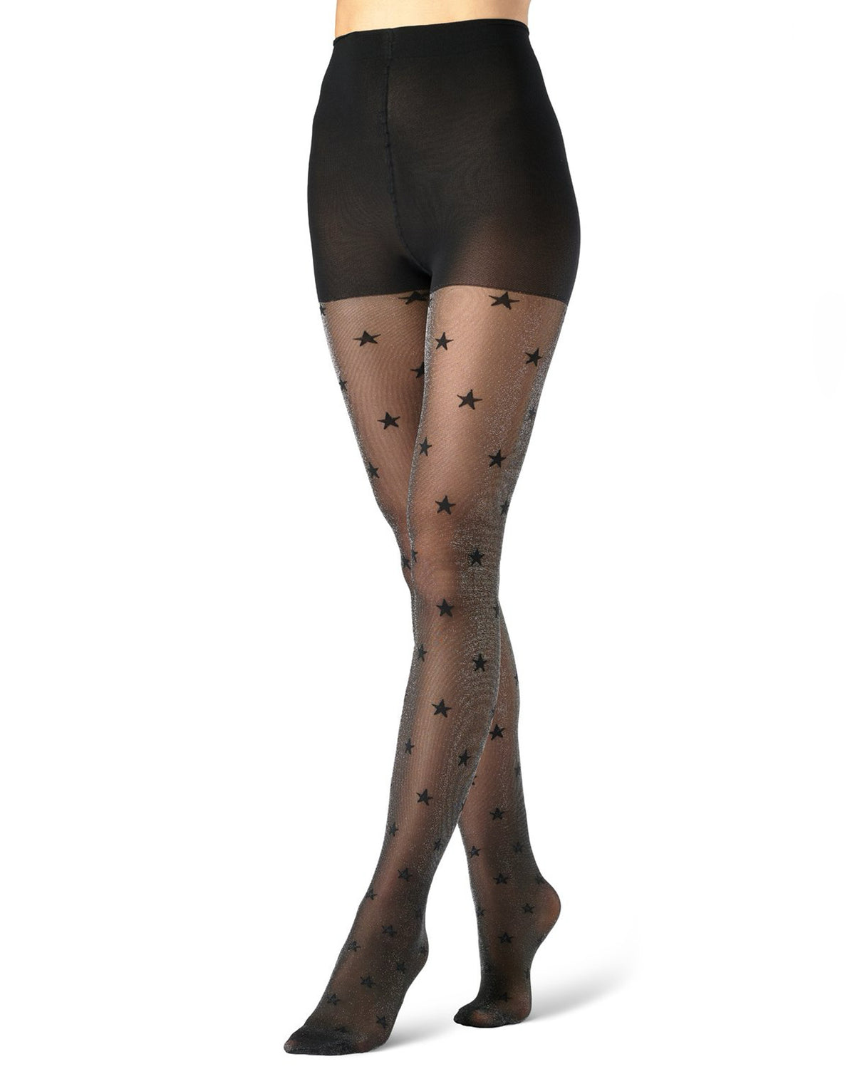 Black sheer tights with a repeating star pattern, shown on a model's legs against a white background.