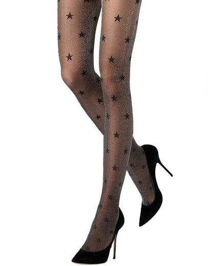 Black sheer tights with a star pattern, shown on a model's legs paired with black high heels against a white background.