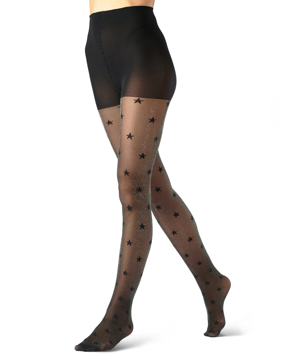 A model's legs wearing sheer black tights with a repeating black star pattern, shown against a plain white background.