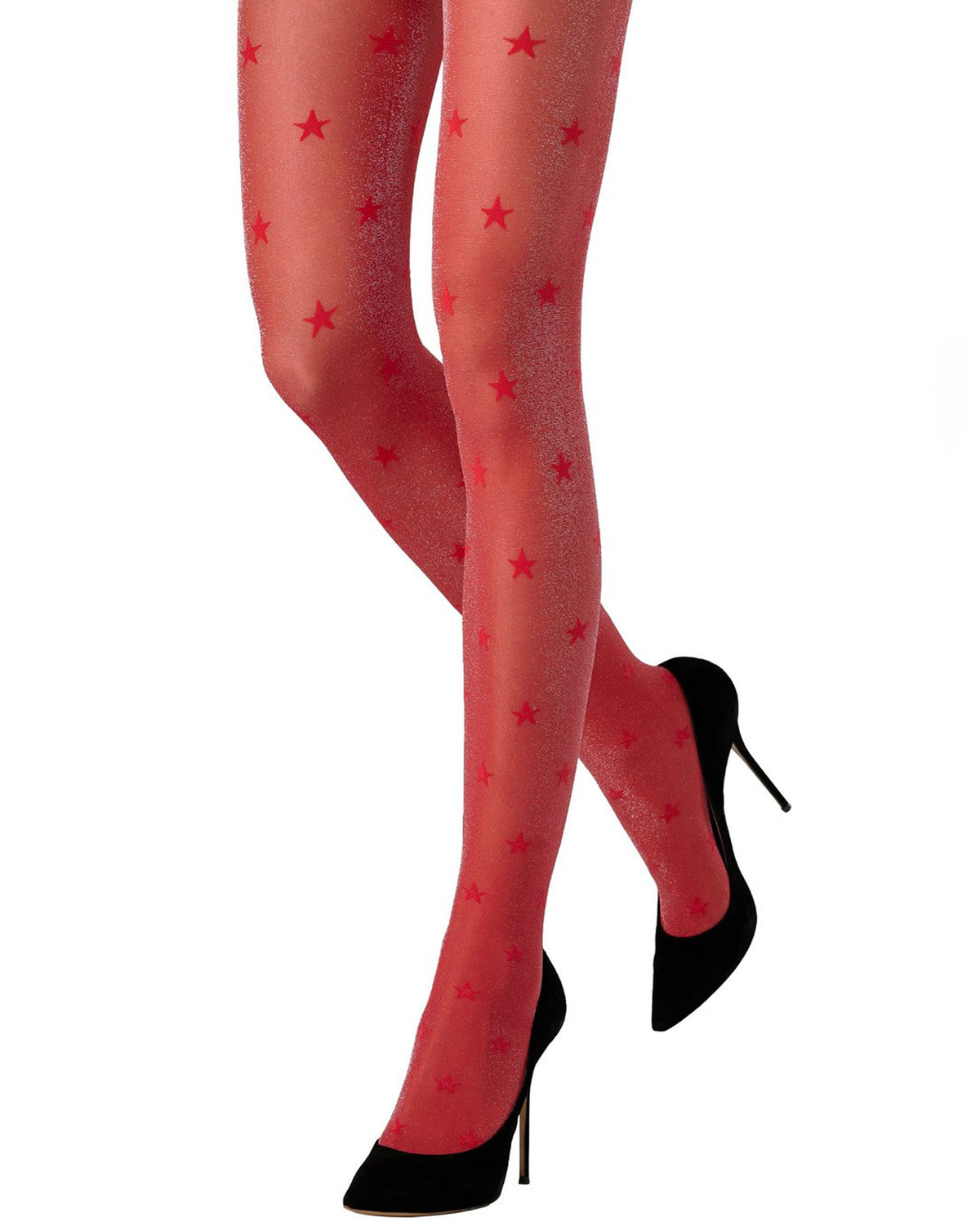 Red sheer tights with a red star pattern, shown on a model's legs paired with black high heels against a white background.