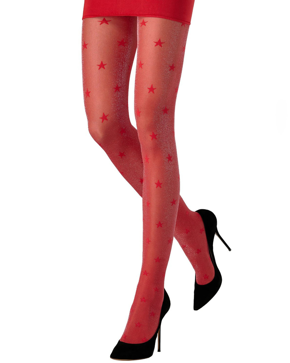 Red sheer tights with a red star pattern, shown on a model's legs paired with black high heels against a white background.