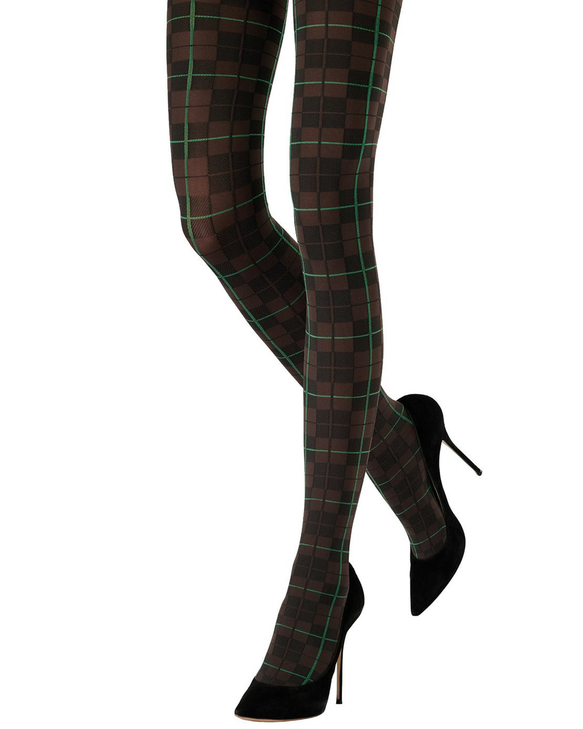 A pair of dark brown tartan plaid tights with thin green and light brown intersecting lines, shown on a model's legs paired with black pointed-toe high heels against a plain white background.
