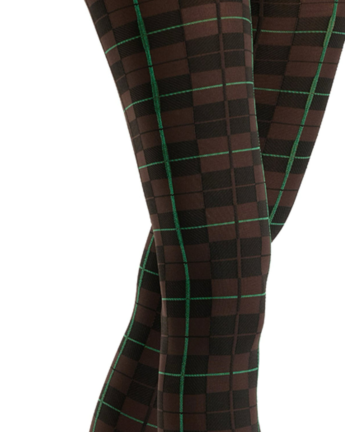 Close-up of a person's legs wearing patterned tights with a dark brown and black checkered design outlined by thin green grid lines, set against a plain white background.