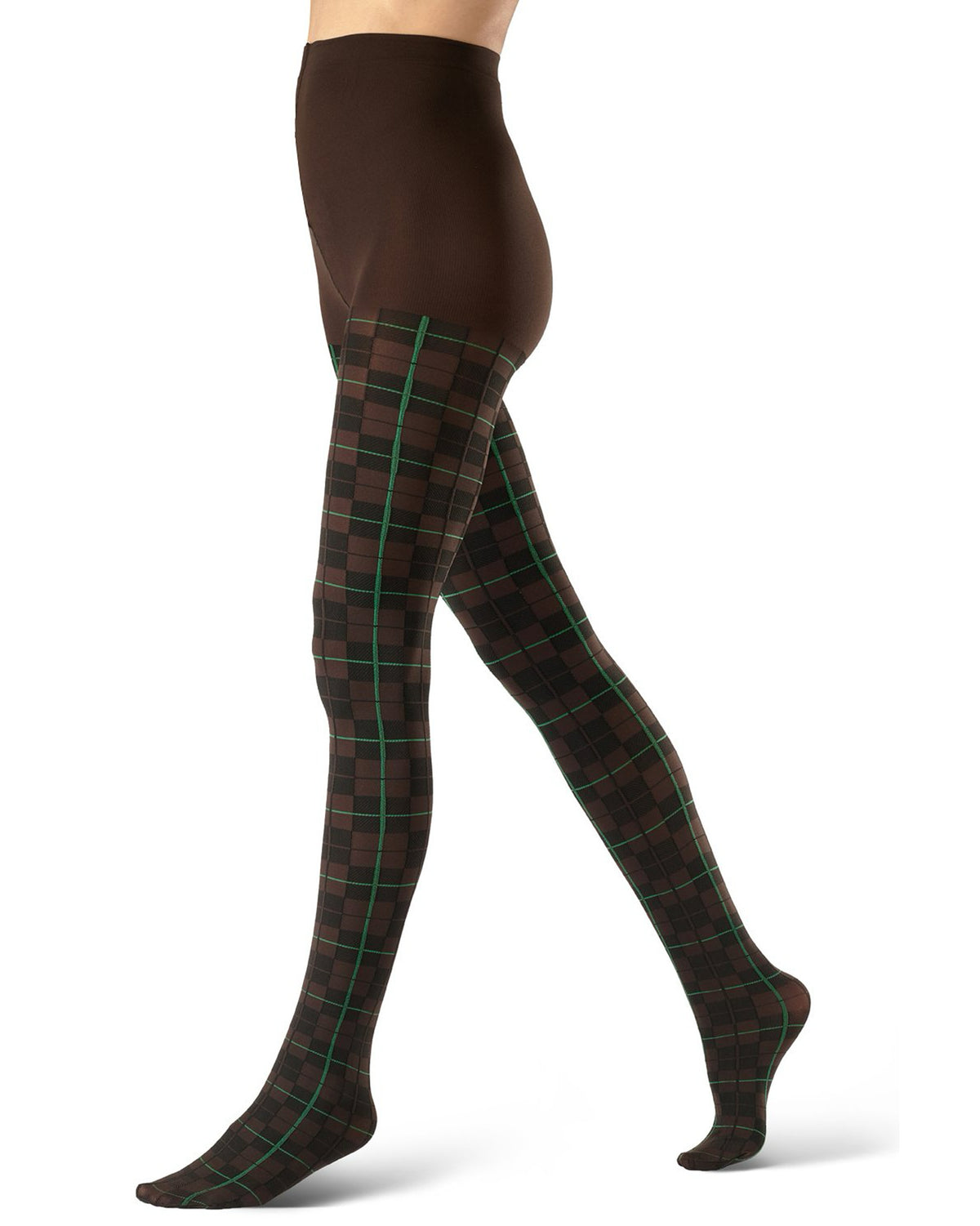 A model's legs wearing brown tights with a green and black tartan plaid pattern, shown from the waist down on a white background.