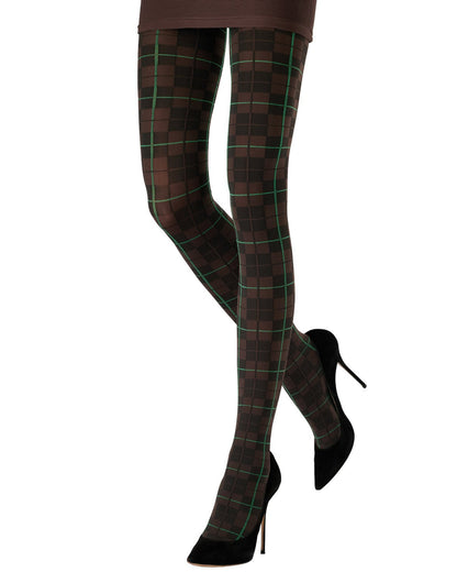 A pair of dark brown tartan plaid tights with thin green and light brown intersecting lines, shown on a model's legs paired with black pointed-toe high heels against a plain white background.