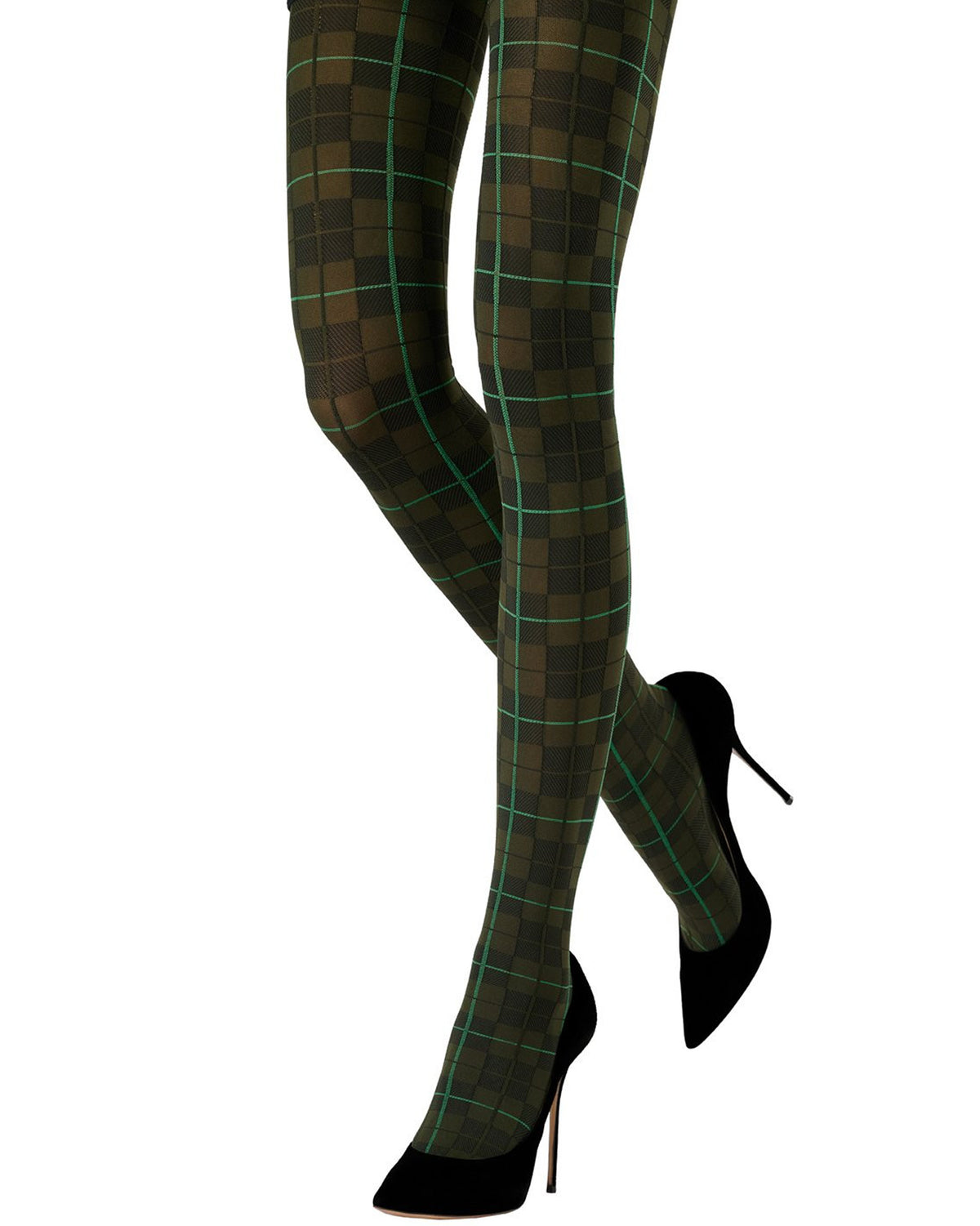 A pair of dark olive green and black plaid tights with thin mint green lines, shown on a model's legs paired with black high heels against a white background.
