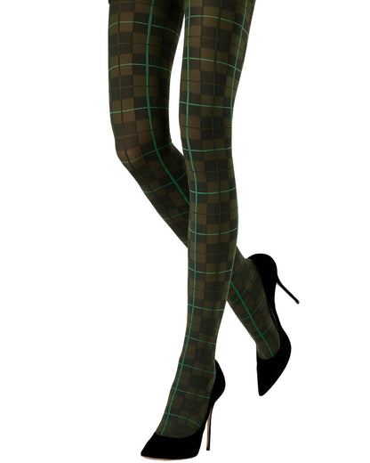 A pair of dark olive green and black plaid tights with thin mint green lines, shown on a model's legs paired with black high heels against a white background.