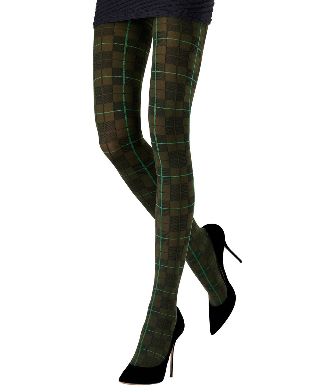 A person's legs wearing dark green and brown plaid tights with thin green grid lines, paired with black pointed-toe high heels against a plain white background.