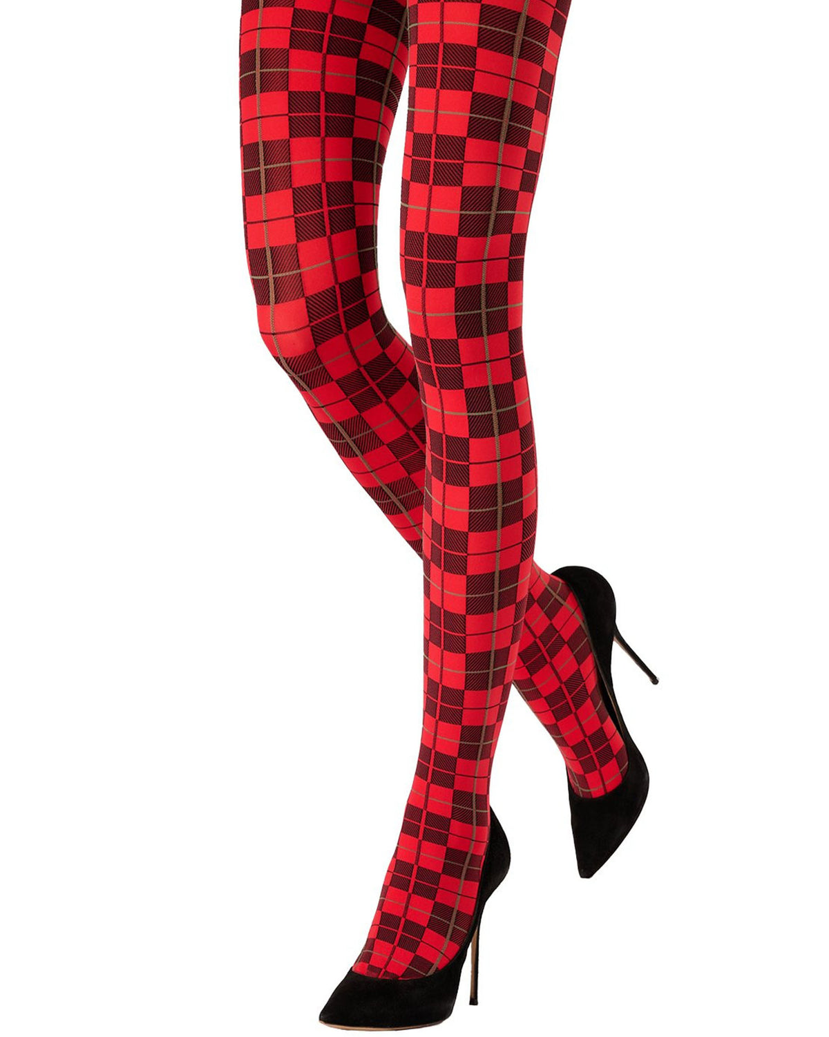 Red and black checkered tights worn by a model, paired with black pointed-toe high heels, shown against a plain white background.