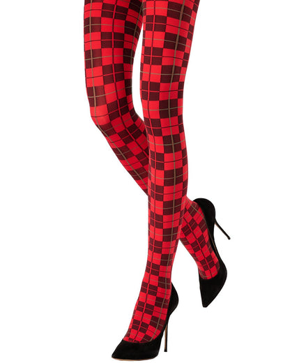 Red and black checkered tights worn by a model, paired with black pointed-toe high heels, shown against a plain white background.