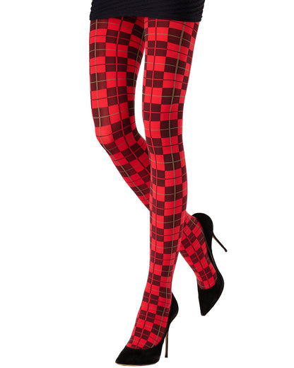 Red and black checkered tights worn by a model, paired with black pointed-toe high heels, shown from the waist down on a plain white background.
