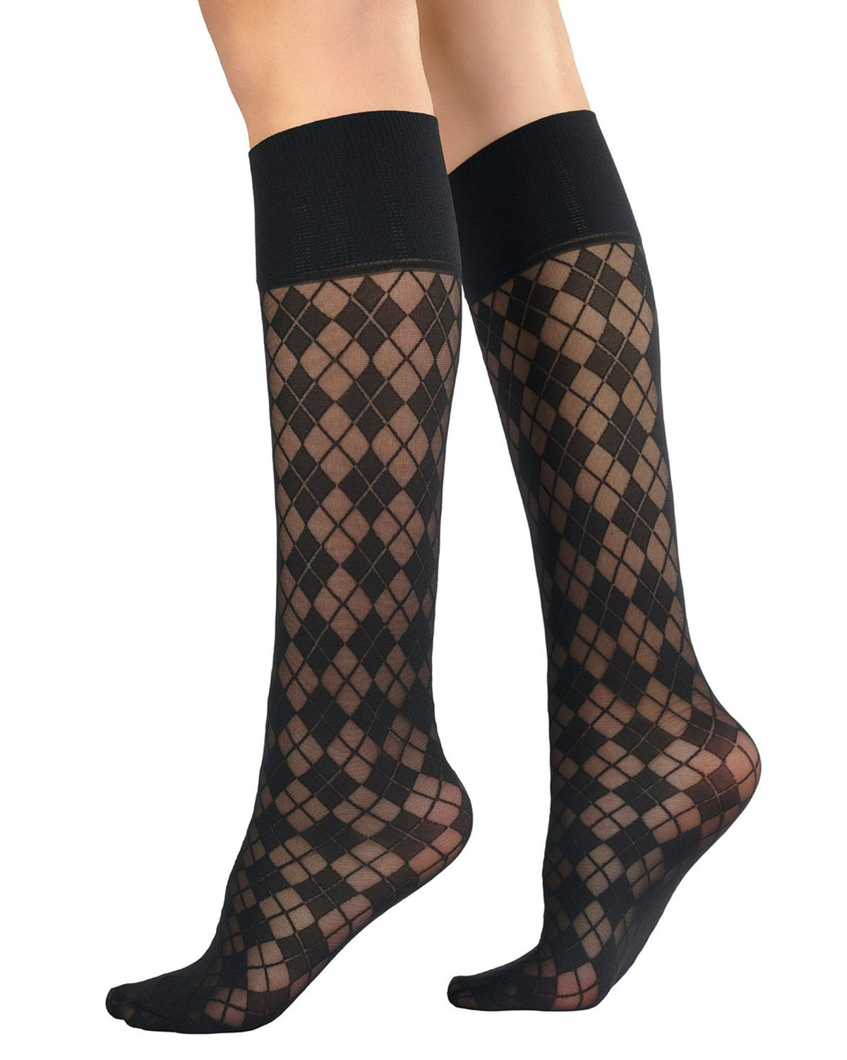 A pair of black knee-high socks with an argyle pattern, shown on a model's legs against a plain white background.