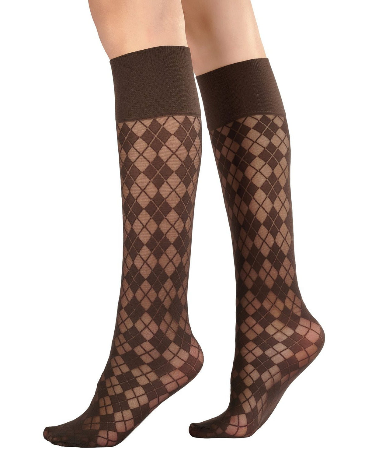 A pair of knee-high socks with an argyle pattern in dark brown and medium brown, shown on a model's legs against a plain white background.