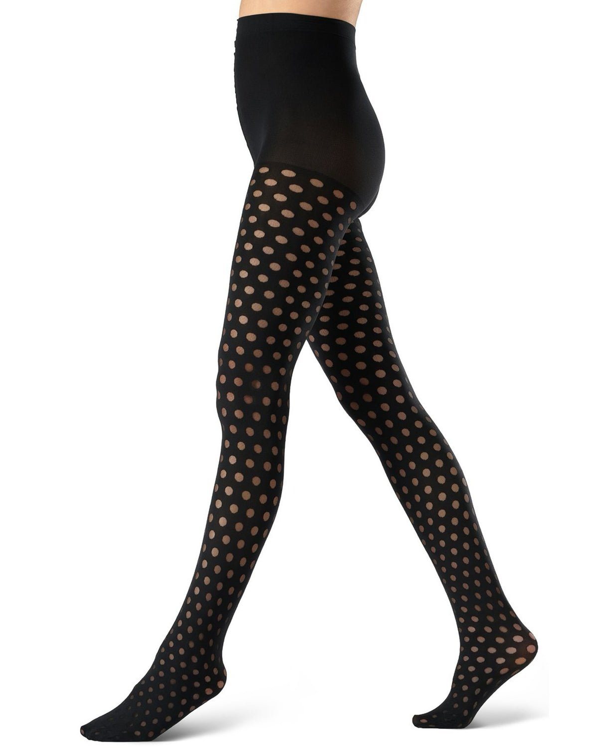 Black opaque tights with a sheer polka dot pattern, shown on a model's legs against a white background.