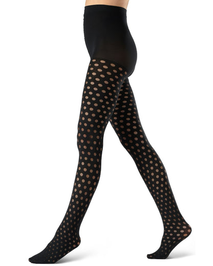 Black opaque tights with a sheer polka dot pattern, shown on a model's legs against a white background.