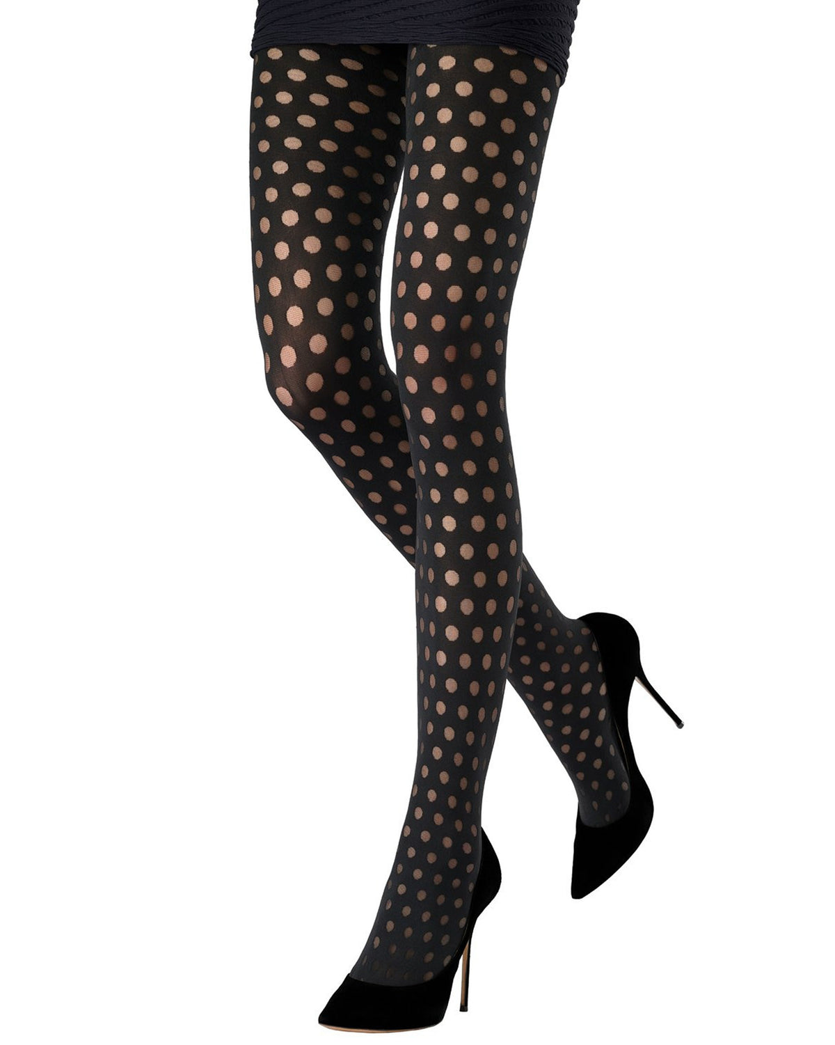 Black opaque tights with a sheer polka dot pattern, shown on a model's legs paired with black pointed-toe high heels against a white background.