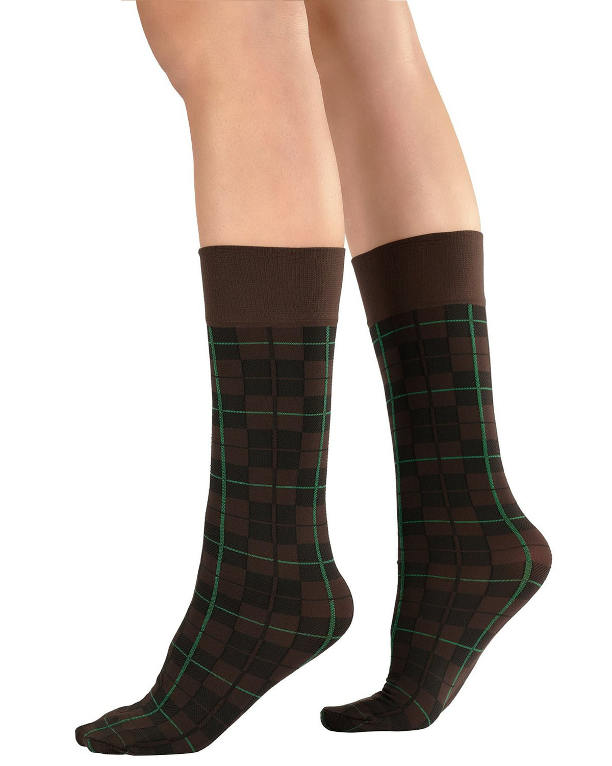 A pair of dark brown knee-high socks with a green windowpane plaid pattern, shown on a model's feet against a white background.