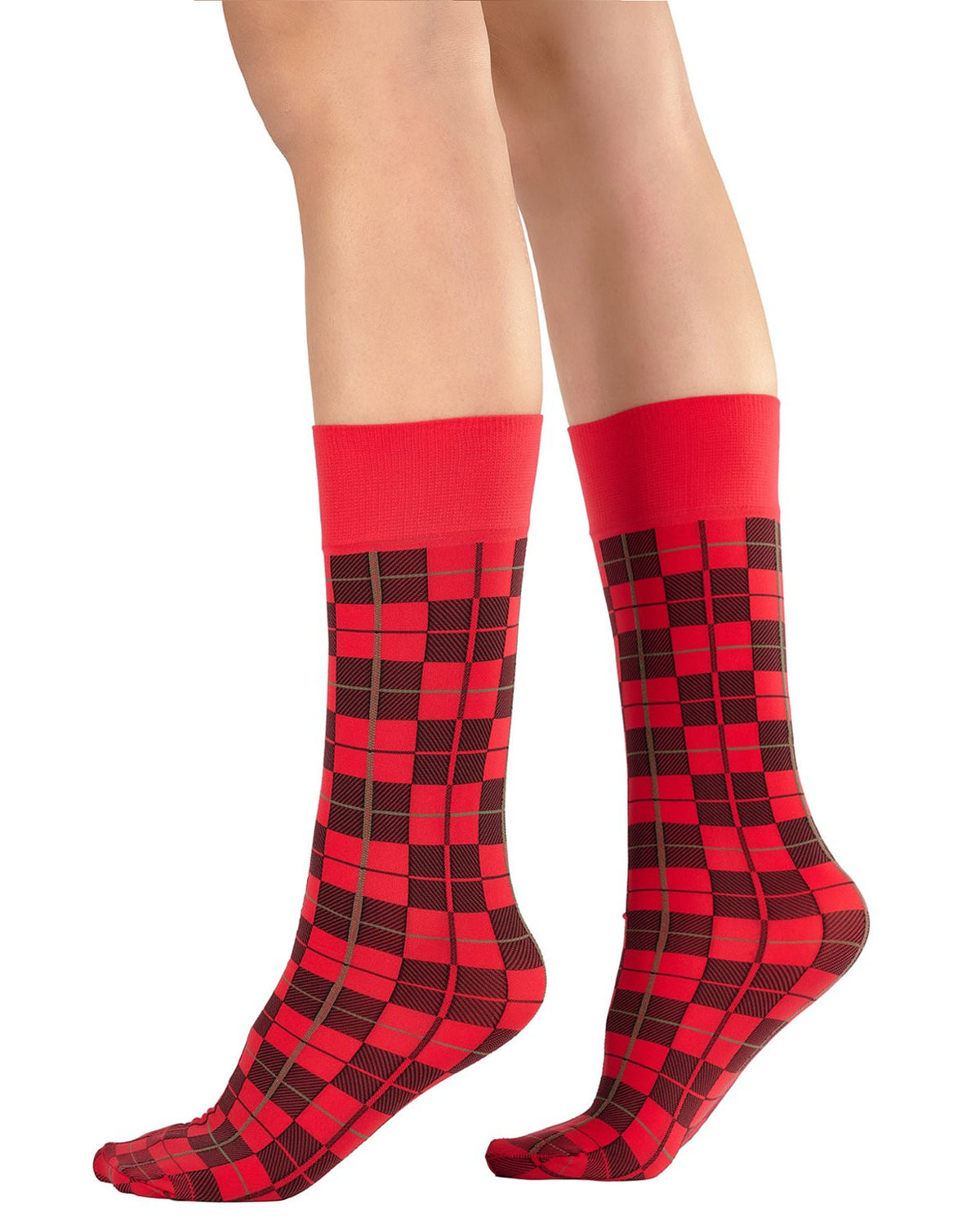 Red and black checkered tartan long socks worn on a person's feet, shown against a plain white background.
