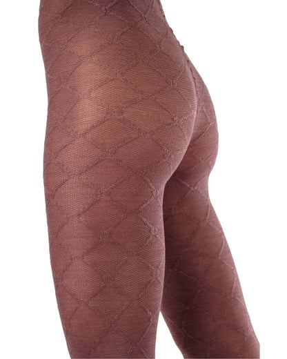 Close-up side view of a person wearing knitted tights with a diamond-knit pattern in a light burgundy tone against a plain white background.
