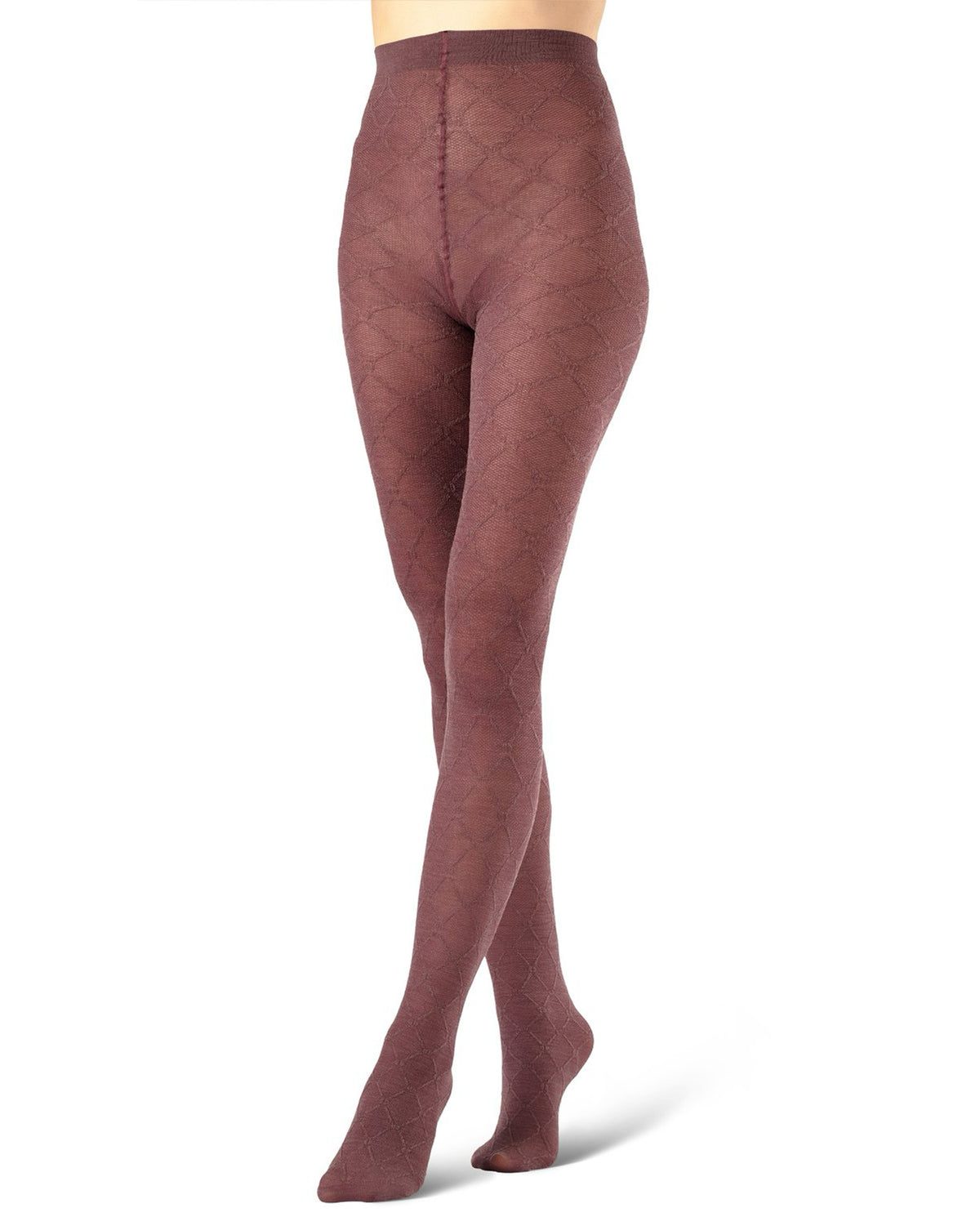 A pair of sheer, textured tights in a dusty rose or mauve color, shown on a model's legs against a plain white background.