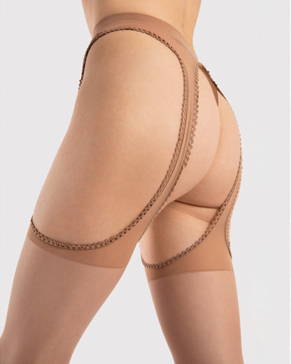 Fiore Amour O5030 - Sheer nude cut out suspender tights with built-in semi-opaque garter with scalloped edge. Close up of strap detail.