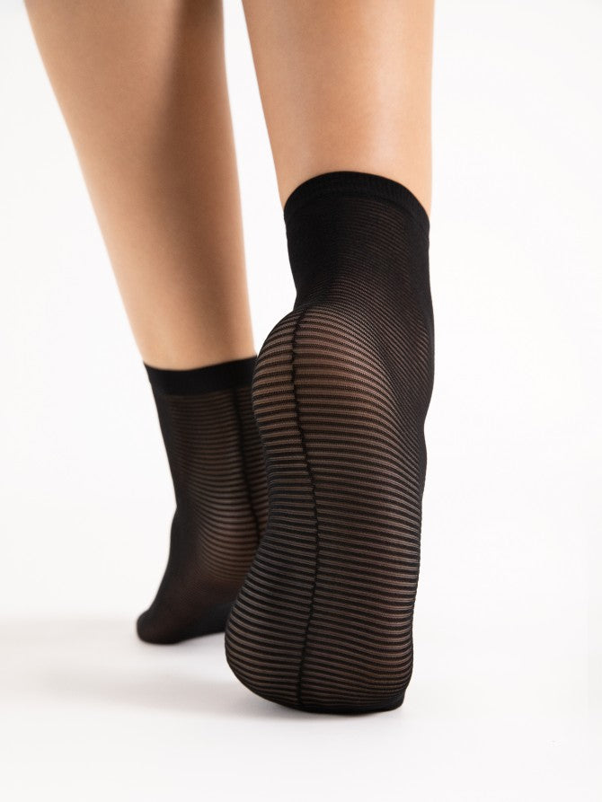 Fiore Anna Sock - Sheer black fashion ankle socks with a thin horizontal lined pattern, plain thin cuff and opaque toe.