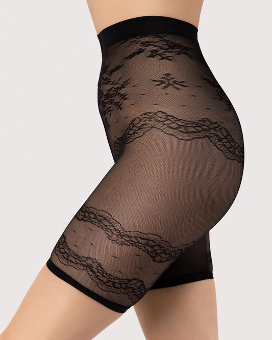 Fiore Barcelona Anti-Chafing Shorts - Semi-sheer black micro mesh anti-chafing shorts with a lace, spot and floral pattern around the legs and around the tummy.