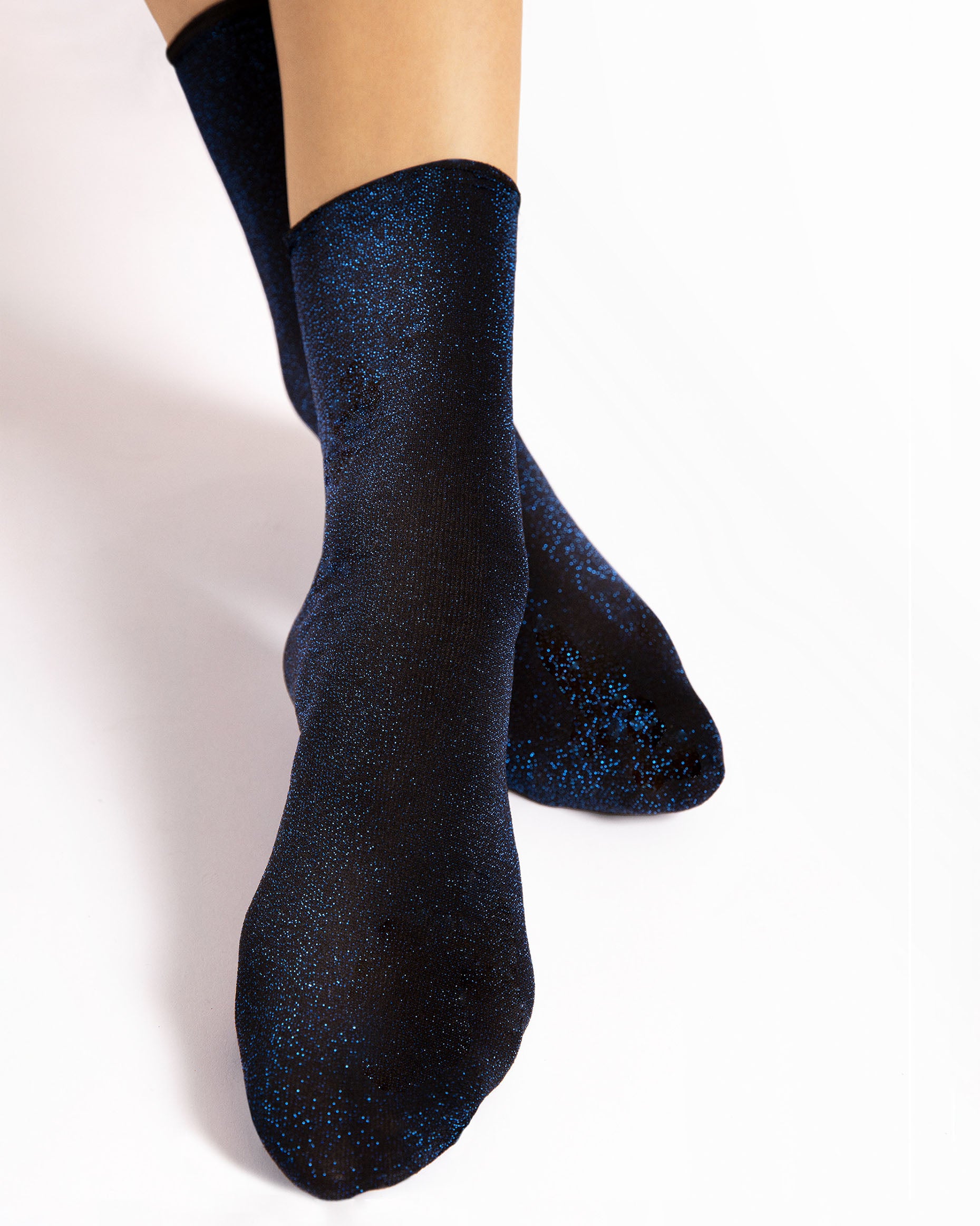 Fiore Bestie Socks - Black opaque tube ankle socks with sparkly blue lurex woven throughout.