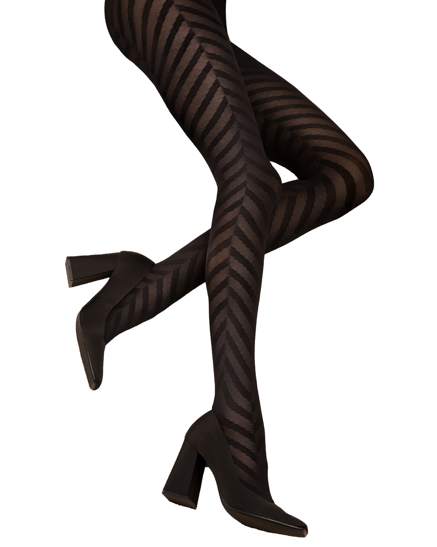 Fiore Black Chance Tights - Black semi-opaque fashion tights with a large linear herringbone style pattern, worn with block heel shoes.