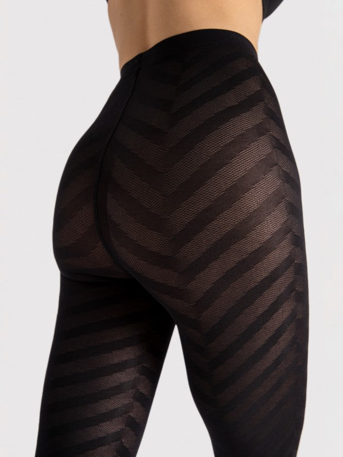 Fiore Black Chance Tights - Black semi-opaque fashion tights with a large linear zig-zag style pattern.