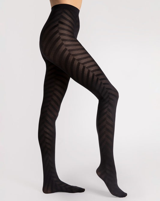 Fiore Black Chance Tights - Black semi-opaque fashion tights with a large linear herringbone style pattern.
