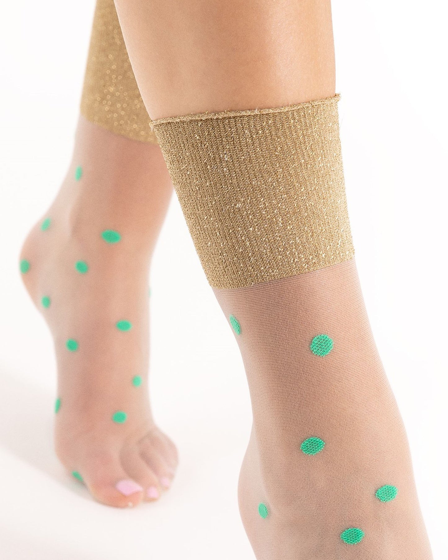Fiore Broadway Sock - Sheer nude fashion ankle socks with bright green spot pattern and deep sparkly lamé cuff.