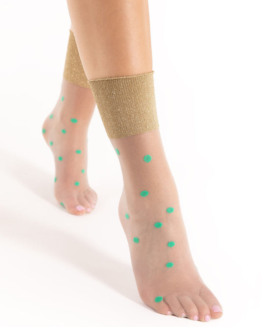 Fiore Broadway Sock - Sheer nude fashion ankle socks with bright green spot pattern and deep sparkly lamé cuff.