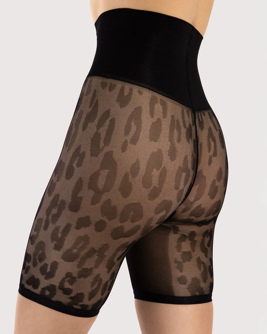 Fiore Cristina Slimming Shorts - Semi-sheer black micro mesh anti-chafing shorts with a leopard print pattern and high slimming waist band.