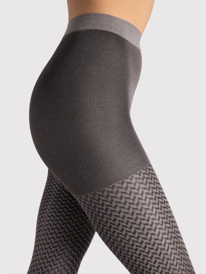 Fiore Cinematic Tights - Light silver grey glossy fashion tights with an all over black zig-zag style pattern.