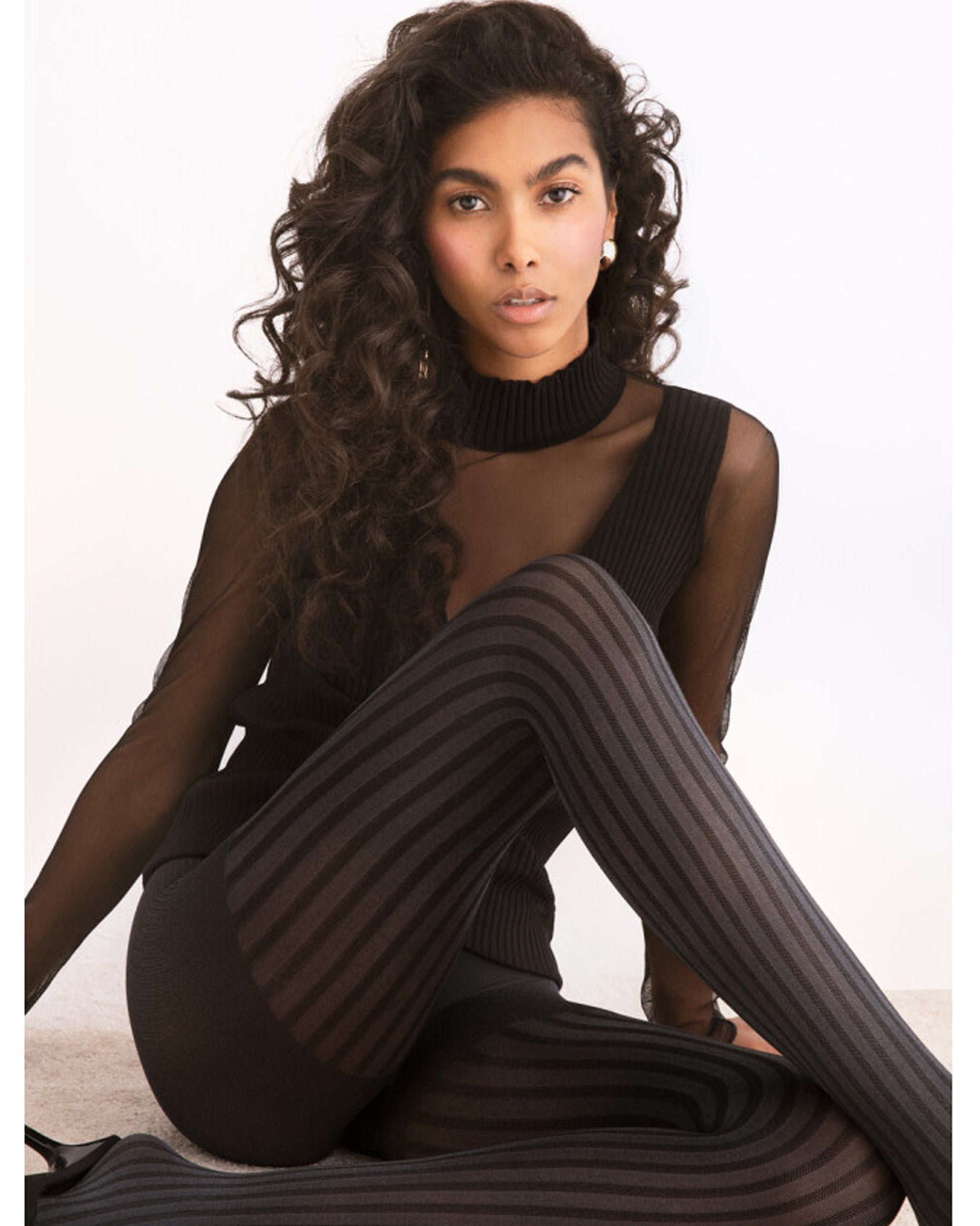 Fiore Colour Story Tights - Semi-opaque grey fashion tights with a two toned vertical stripe and gloss shine finish.