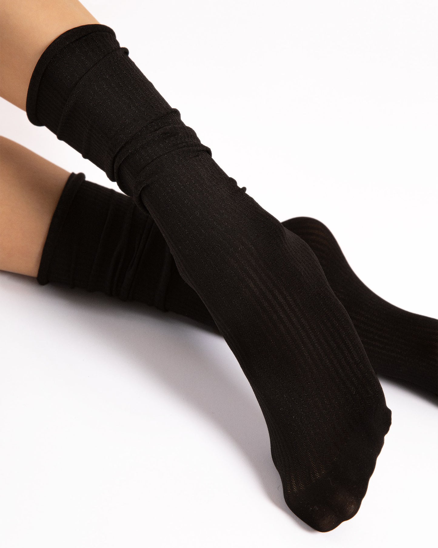 Fiore Cool Milk 60 Den Socks - Soft black ribbed opaque long scrunched ankle socks with no cuff, roll edge.