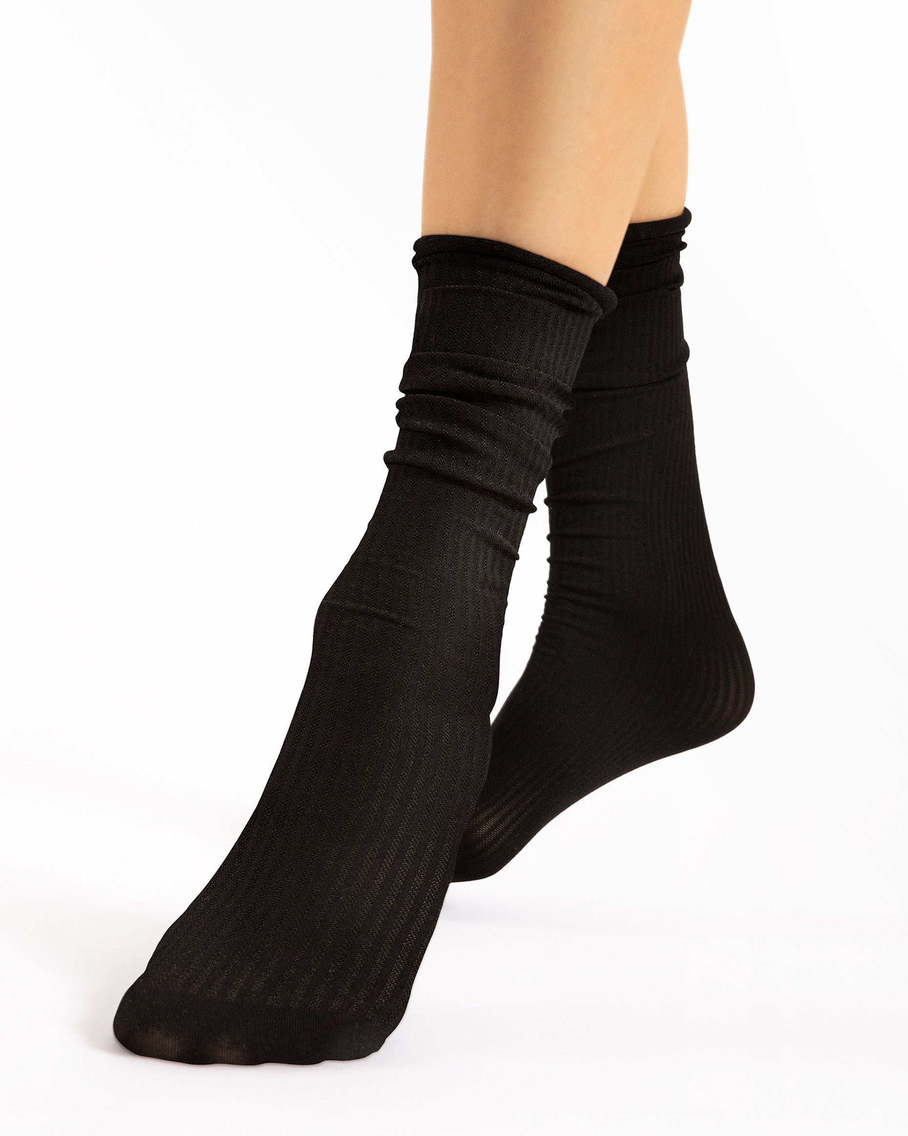 Fiore Cool Milk 60 Den Socks - Soft black ribbed opaque long scrunched ankle socks with no cuff, roll edge.