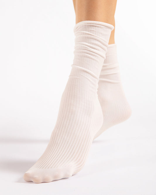 Fiore Cool Milk 60 Den Socks - Soft off white ribbed opaque long scrunched ankle socks with no cuff, roll edge.
