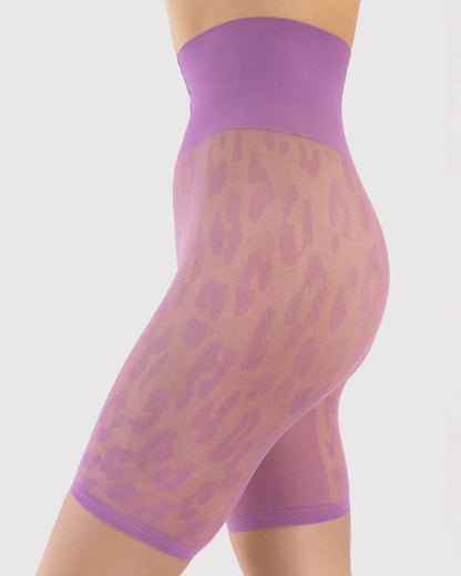 Light purple sheer shorts with a animal leopard pattern on a white background