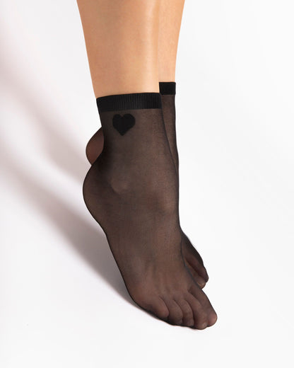 Fiore Cupido 20 Den - Plain sheer black fashion ankle socks with a small woven heart motif on the outside ankle.